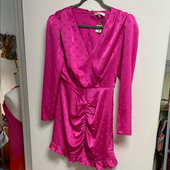 Wayf Barbie Hot Pink Fuchsia Satin Long Sleeve Polka Dot Mini Party Dress Small - Picture 11 of 12